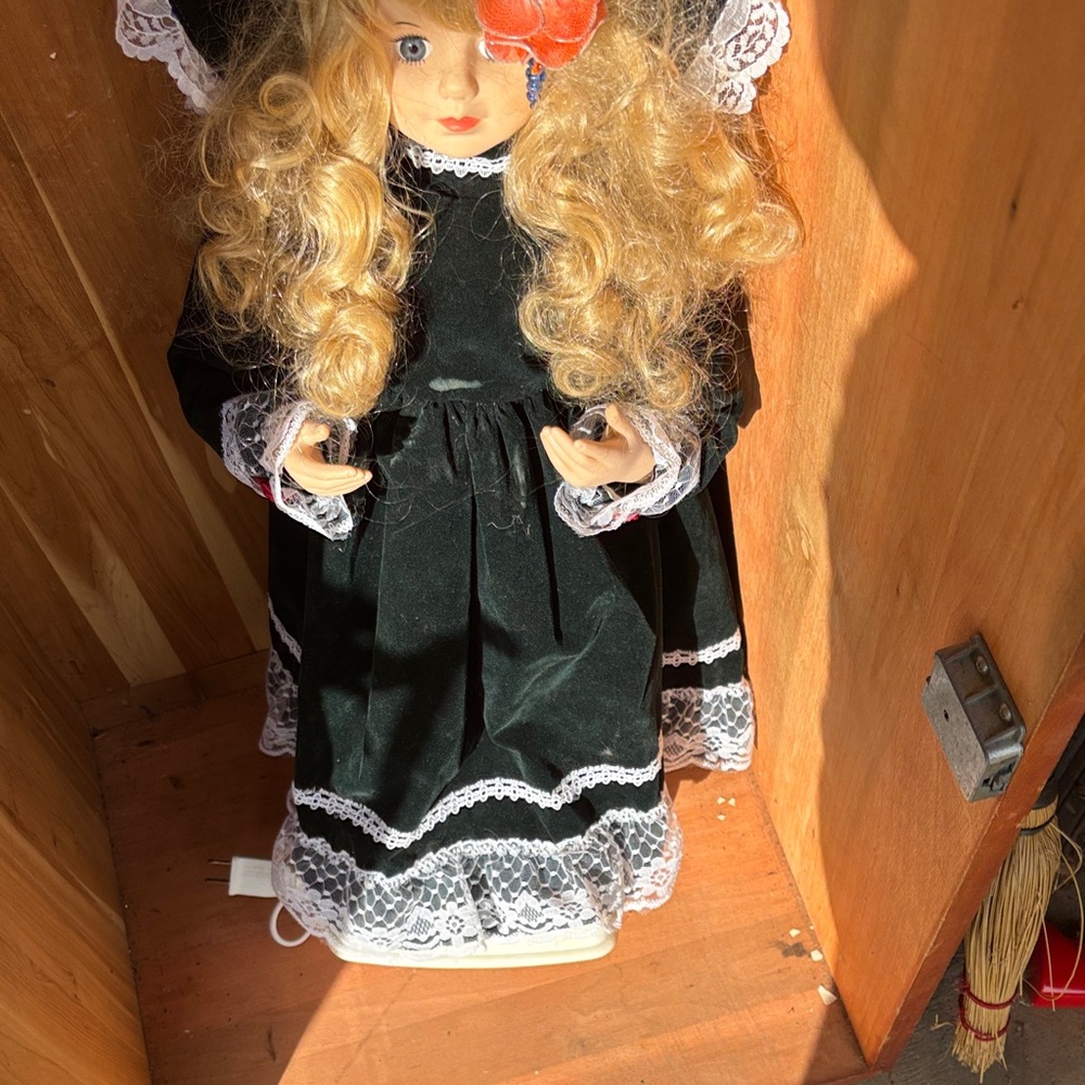 Vintage-Inspired Doll with Black Velvet Dress/ With electrical outlet